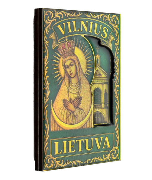 Žalias magnetas su Vilniaus Aušros vartų Švč Mergele Marija